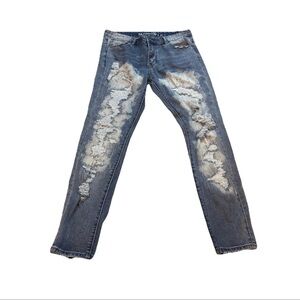 Crysp Denim Men's Distressed Denim Rip & Repair Skinny Fit Blue Jeans Size 36”